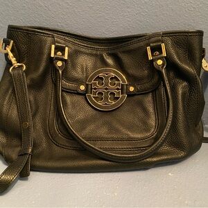 Tory Burch Black Leather Shoulder Bag with Gold Accents
